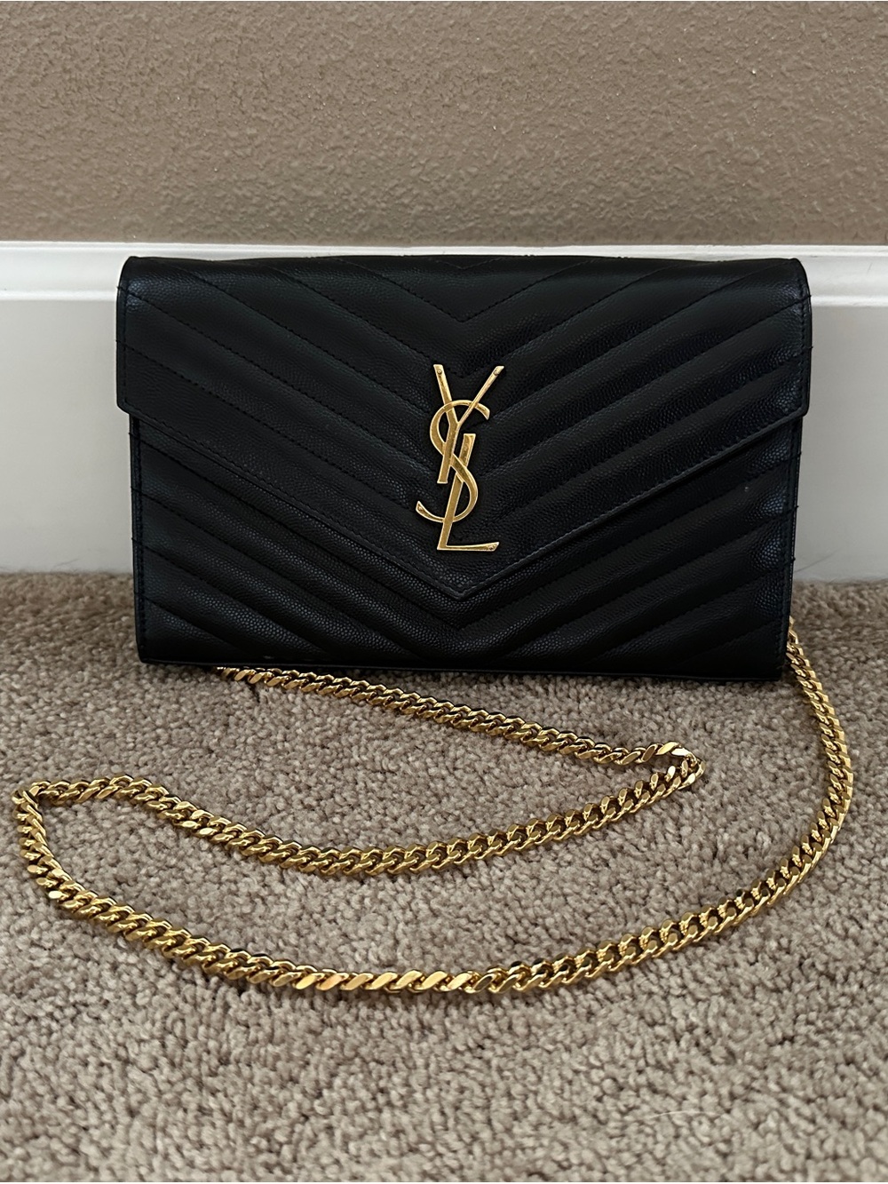 Saint Laurent Black Chevron Crossbody with Gold YSL Hardware